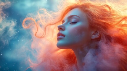 Fototapeta premium Side profile of a woman with flowing pastel pink hair