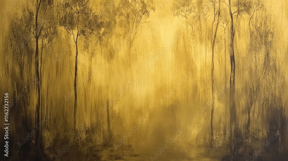 Poster a golden-hued forest landscape with ethereal trees shrouded in mist.