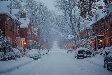 Naklejka premium Serene Winter Wonderland: Photorealistic View of Snow-Covered Street with Historic Homes and Soft Glowing Lights in a Quiet Neighborhood