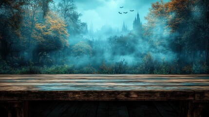 Empty wooden table in front of a mystical forest at night with a haunted castle in the background.