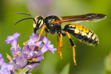 Fototapeta premium A bee is actively collecting nectar from vibrant lavender flowers in a sunny garden, showcasing its colorful details