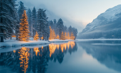 Obraz premium A beautiful winter scene with a lake and trees. The trees are lit up with Christmas lights, creating a warm and festive atmosphere. The reflection of the lights on the water adds to the serene
