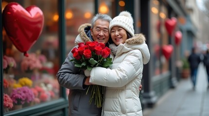 Elderly couple hugging with red roses on a festive street, standing near a shop with heart decorations. Romantic winter atmosphere. Valentine's day concept