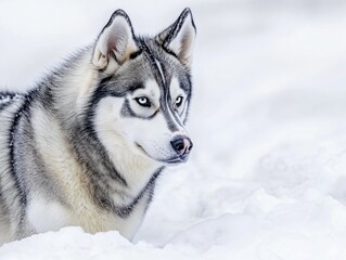 Naklejka premium Stunning Siberian Husky in Snowy Landscape, Winter Dog Portrait
