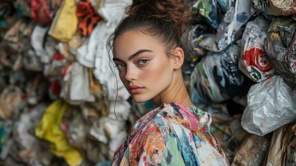 Fototapeta premium Young Woman Posing Near Recycling Pile, Thoughtful Expression, Fashion Portrait