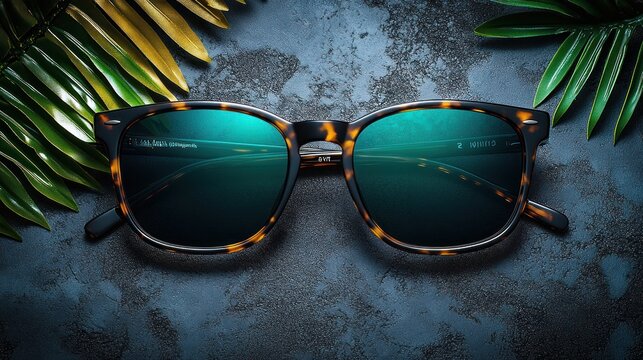 Fashionable tortoise-shell sunglasses with teal-colored lenses lie on a dark gray stone surface, surrounded by tropical leaves.