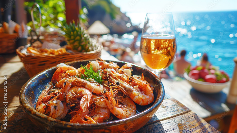 Poster a vibrant dish of freshly cooked shrimp is served alongside a chilled glass of white wine with a bea