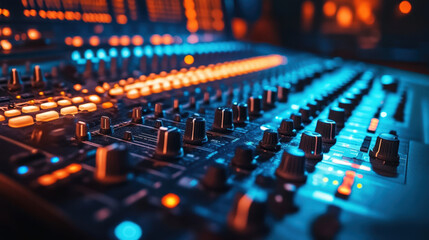 An audio mixing console highlighted by colorful LED lights is actively used in a music studio for an engaging recording session