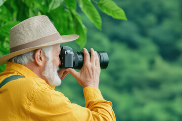 Fototapeta premium Capturing nature beauty, elderly man photographs lush greenery with camera