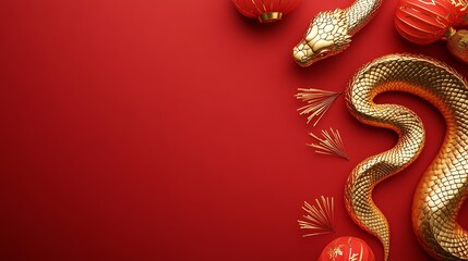Chinese New Year celebration poster with golden snake and lanterns