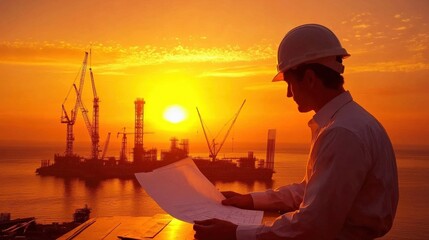 Engineer reviewing plans at oil rig during sunset offshore industrial photograph tranquil environment side view energy sector