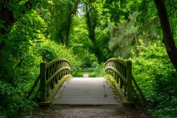 Wooden bridge over a river in the park in the summer.