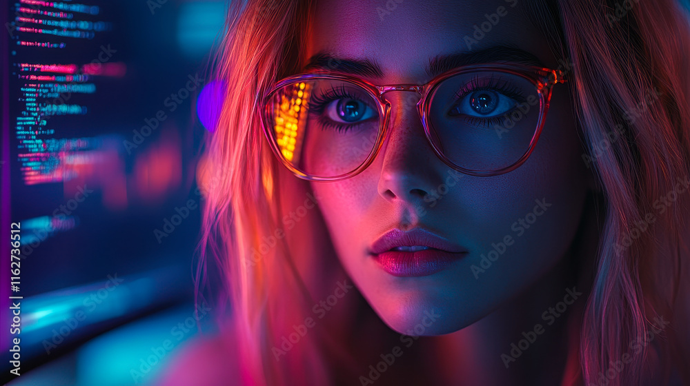 Poster focused female programmer coding on computer with neon lights, concentration, modern technology, sof