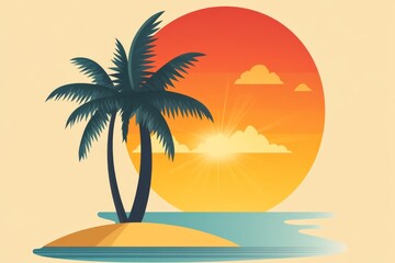 Fototapeta premium A flat icon of a coconut tree with a simple sandy base, representing a classic desert island