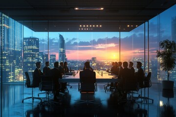 Business professionals gather around a conference table in a modern office, discussing strategies as a vibrant sunset casts colorful light through the large windows.