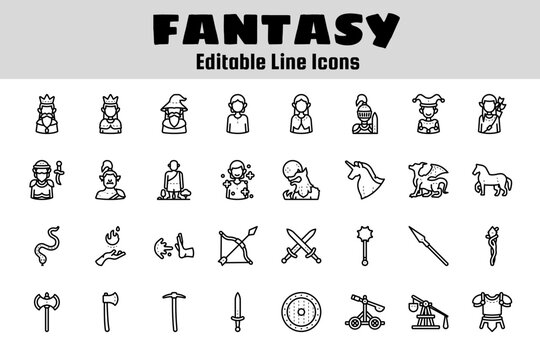 fantasy character and medieval weapon outline icon set
