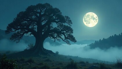 Fototapeta premium A misty fog surrounds the ancient tree as a full moon casts its silvery glow on the surrounding landscape, atmospheric, mystical
