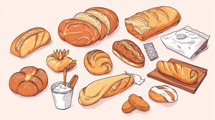 Trendy design for bakery or cafe. Illustration of sweet bread, baguette and other pastries for packaging, label or sign. Food line art illustration for banner, flyer or menu.