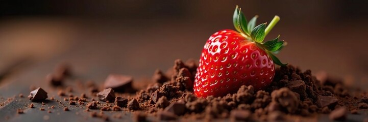 A single, ripe strawberry nestled in a bed of crushed dark chocolate biscuits, strawberry, chocolatey paradise