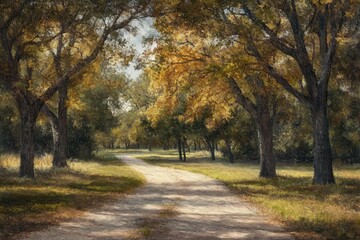 Naklejka premium A peaceful pathway winds through a park surrounded by tall trees adorned with autumn foliage. The warm sunlight creates a tranquil atmosphere, inviting leisurely strolls.