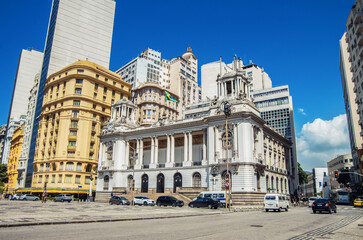 Fototapeta premium historic and modern buildings coexist under a clear blue sky, showcasing urban evolution. Brazil In Rio de Janeiro