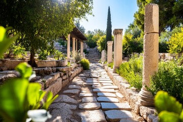 A historic shot of the Agora of Smyrna, with ancient columns and stone paths surrounded by greenery