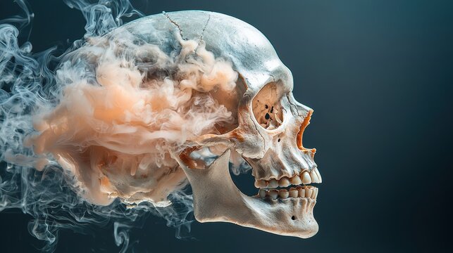 A detailed skull surrounded by ethereal smoke, creating a haunting yet intriguing atmosphere that blends realism with surrealism.