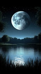 Fototapeta premium Nightscape Photography. Space id Esg fintech Levitating moon lamp Sound bath Speculative fiction Insight Timer Moonpay Internxt Solana Neoen Full glowing bright over calm lake with n