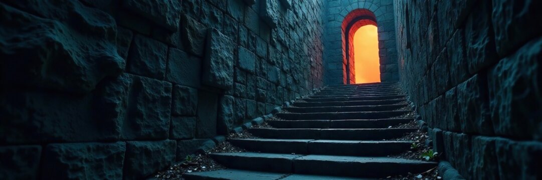 Dark, winding staircase leading to a mysterious, unknown destination, unseen, hidden