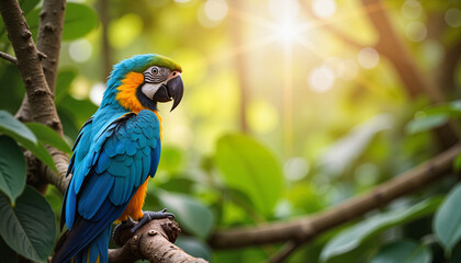Obraz premium Blue-and-yellow macaw perched on tree branch in sunlight