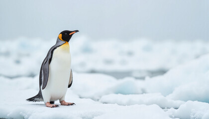 King penguin standing on icy terrain in Antarctic landscape