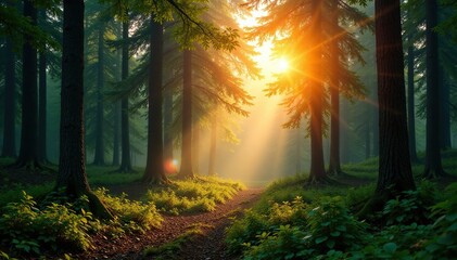 Obraz premium Dense forest with sunlight filtering through trees at dawn, morning, forest, landscape
