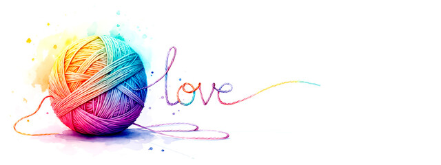 Colorful yarn ball with artistic love script in rainbow watercolor. Valentine's day. 