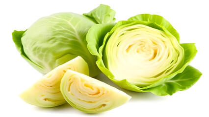 Fresh Green Cabbage Whole and Halved on White Background