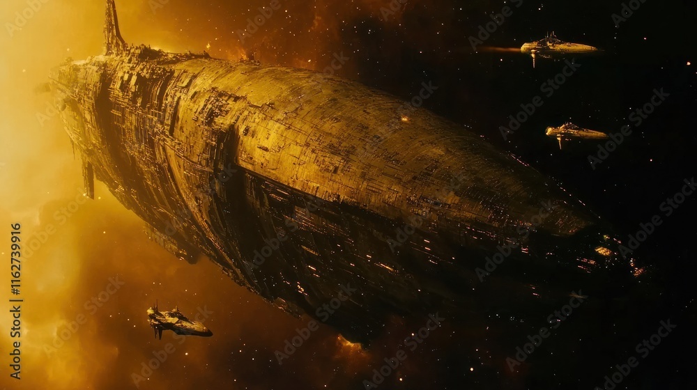 Aufkleber a massive spacecraft surrounded by smaller ships in a cosmic setting.