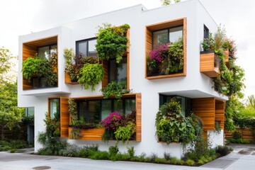 A modern apartment complex featuring vertical ivy walls for natural insulation and aesthetics