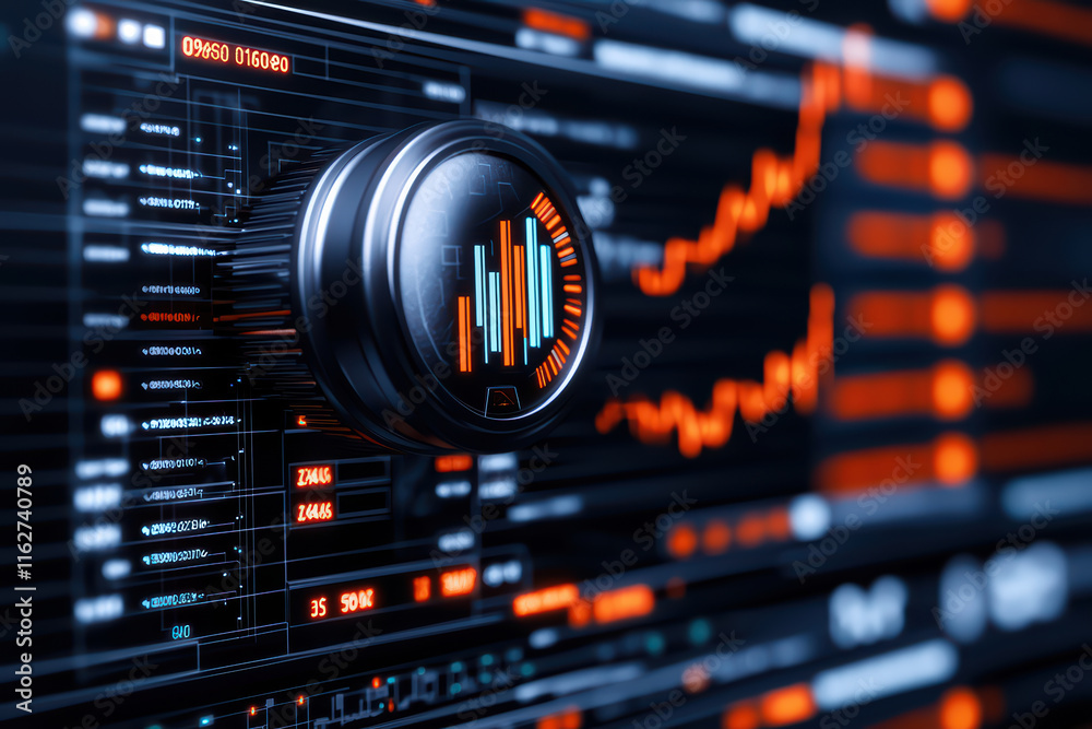 Poster close up view of digital interface displaying data analysis and trends, featuring vibrant orange and