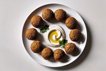 Delicious Falafel Balls with Creamy Hummus Garnished on a White Plate