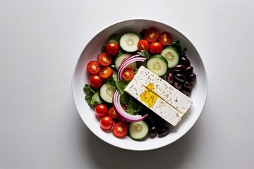 A fresh and vibrant Greek salad featuring feta cheese, cherry tomatoes, cucumbers, olives, and onions. Perfect for healthy eating and showcasing Mediterranean cuisine.