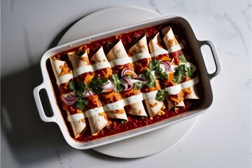 A delectable tray of red sauce enchiladas garnished with melted cheese, fresh cilantro, sour cream, and red onion. Perfectly baked, appetizing dish evokes warmth and culinary enjoyment.