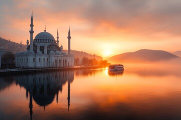 Fototapeta premium A panoramic sunset view of the Golden Horn, with boats, mosques, and shimmering water