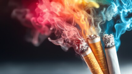 Colorful smoke rises from lit cigarettes, creating a striking contrast against a dark background, evoking themes of addiction and transformation.