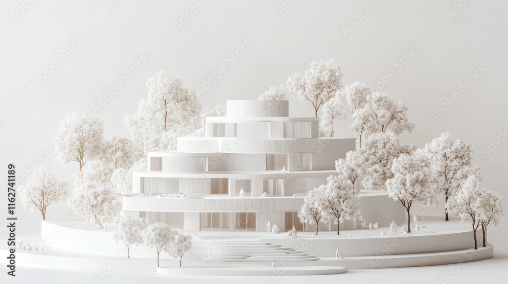 Poster a minimalist architectural model surrounded by trees, depicting a serene landscape.
