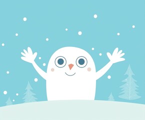 Fototapeta premium A simple, flat vector illustration of a cute snowman with large, open arms and big eyes against a pastel blue background with trees in the distance and falling white dots.