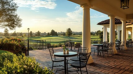 Clubhouse patio overlooking a panoramic view of the golf course