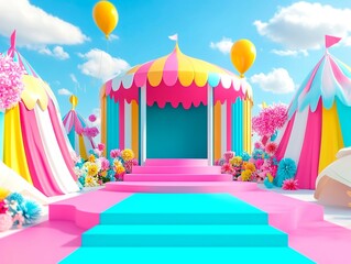 A colorful, empty circus tent interior features a pink and blue stage and floating hot air balloons with various designs The setting is whimsical and fantastical, devoid of people - Generative AI