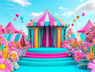 A colorful, digitally rendered circus scene with a pink and blue striped tent on an elevated stage Whimsical background includes hot air balloons, lush plants, stylized clouds, ab - Generative AI