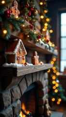 Fototapeta premium Gingerbread decorations on wooden mantel in winter scene, warm, fireplace, winter