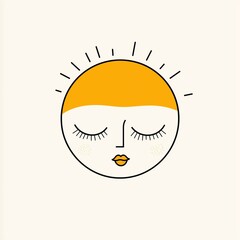 Obraz premium A simple vector logo of the sun with closed eyes, simple shapes and lines, cute, no background, white background.