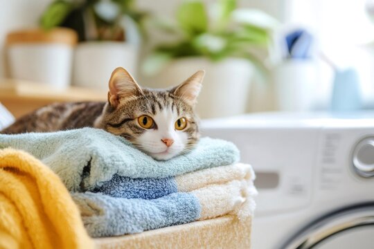Sleepy tabby cat nestling comfortably on soft, folded laundry, relaxing in sunlit domestic space with warm, clean linens